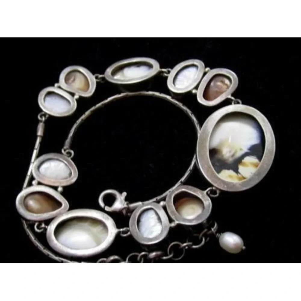 Vintage Stunning Bezel Set Freshwater Pearl Shell Sterling Silver 925 Necklace‎